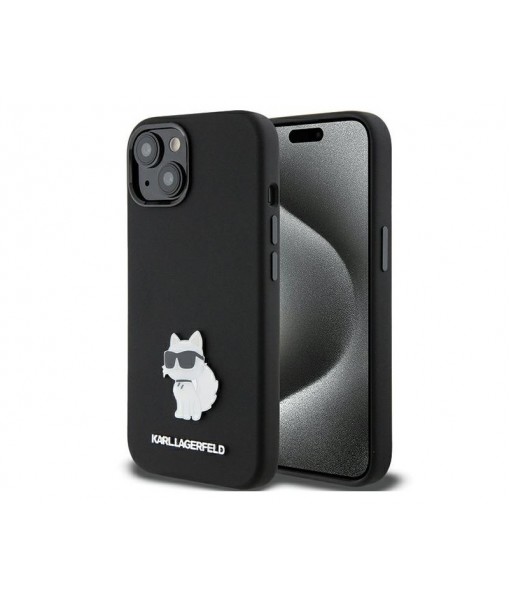 Husa iPhone 15, Karl Lagerfgeld Originala, Silicon Choupette Metal, Negru