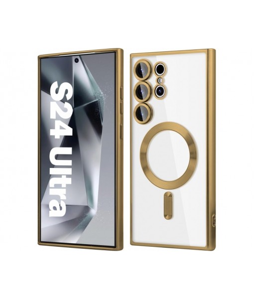 Husa Samsung Galaxy S24 Ultra, Electro Magsafe, Spate Transparent, Rama Gold