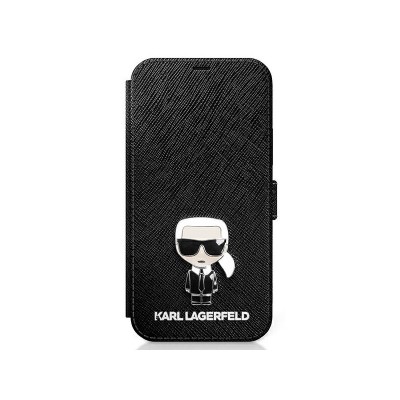 Husa Premium Originala Tip Carte Karl Lagerfeld iPhone 12, Colectia Saffiano Ikonik Metal, Negru