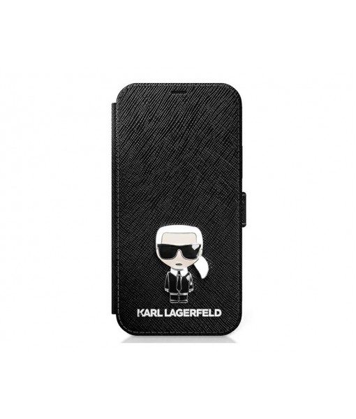 Husa Premium Originala Tip Carte Karl Lagerfeld iPhone 12, Colectia Saffiano Ikonik Metal, Negru